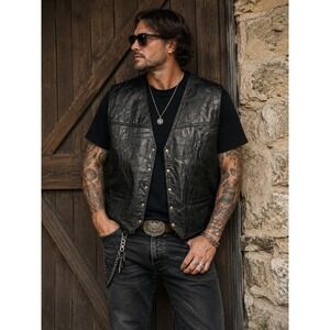 Navarre Leather Company Mens Black Patchwork Leather Biker Vest 3X V-Neck Snap